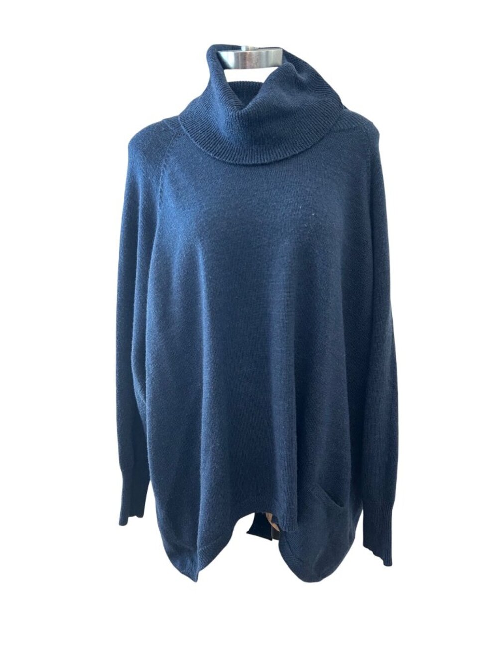 Eileen Fisher Merino Wool Asymmetrical Hem Turtleneck Sweater Blue Medium